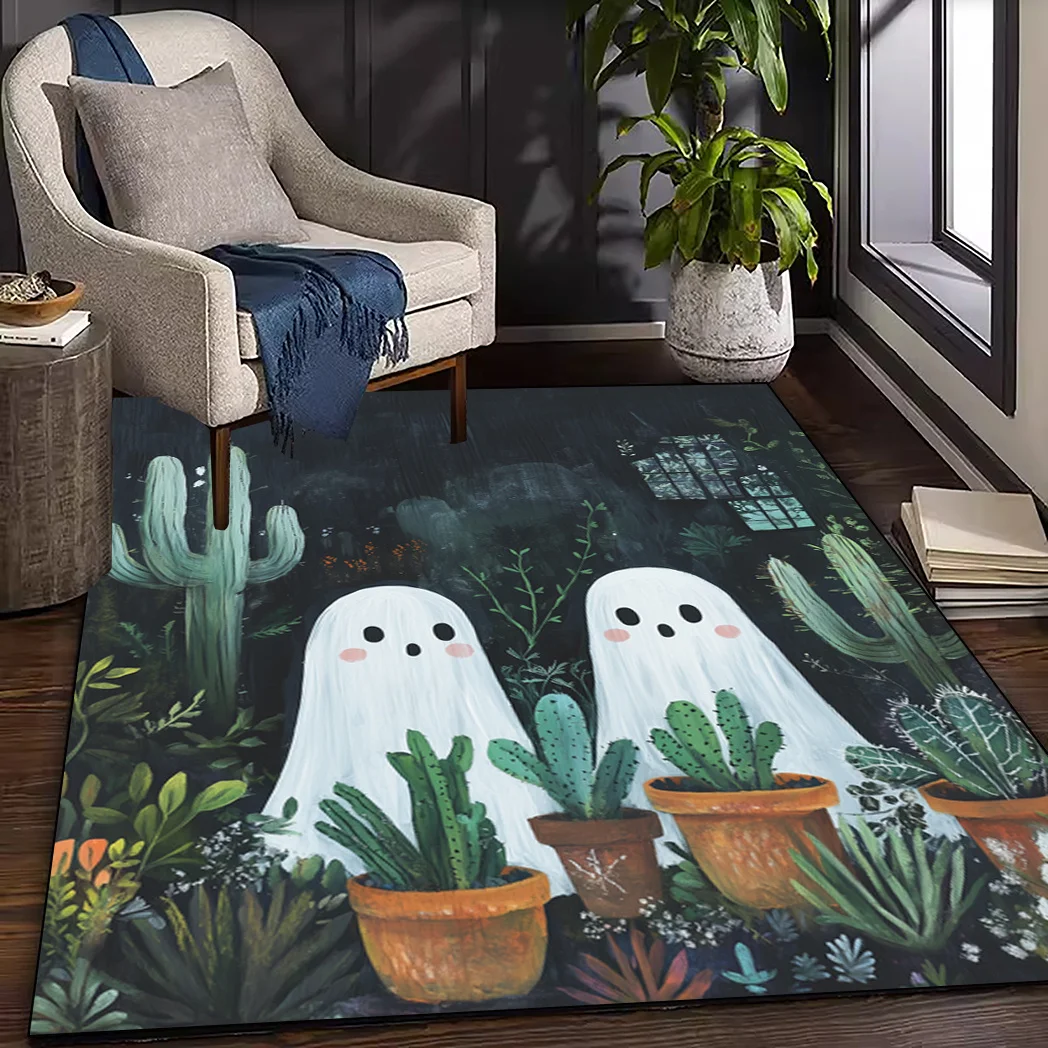 VIKAMA Cute Ghost Cactus Area Rug Dark Background Cartoon Blush Ghost Plant Print Non Slip Floor Mat Living Room Home Carpet
