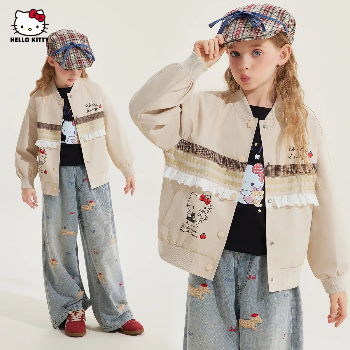 

Sanrio Girl Fashion Baseball Uniform Hello Kitty New Autumn Models Kuromi Kawaii Cartoon Lace Lace Splicing Loose Leisure Coat