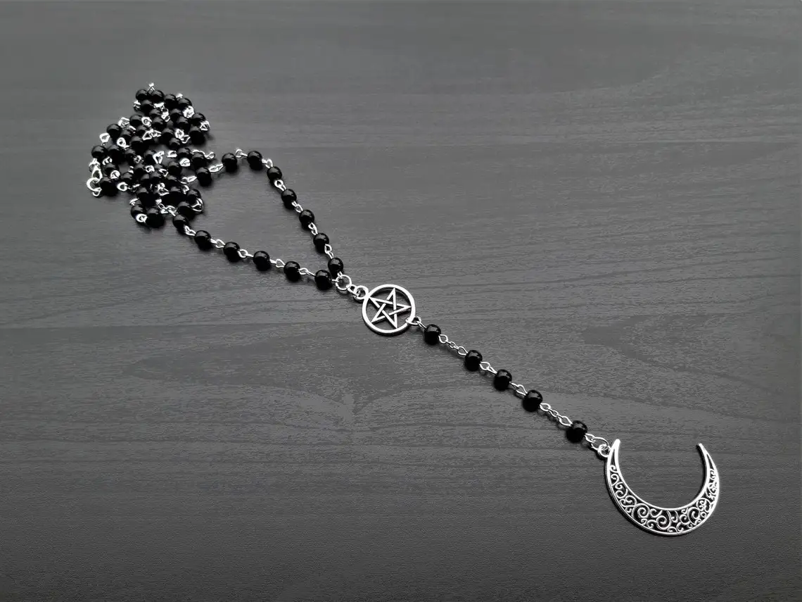 Gothic Long Pentagram Necklace, Bright Moon, Wiccan Pagan Rosary Rosary Black Beads