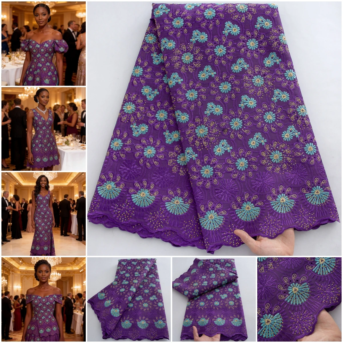 Luxuriöser lila afrikanischer Baumwollspitzenstoff mit türkisfarbenem Blumenmuster, 5 Yards bestickte nigerianische Schweizer Voile-Spitze und Steine für Kleider