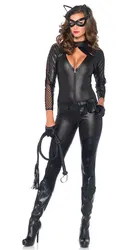 Kadınlar seksi yarış sıkı uydurma fermuar Faux deri tulum cadılar bayramı Cosplay Catwoman kostüm