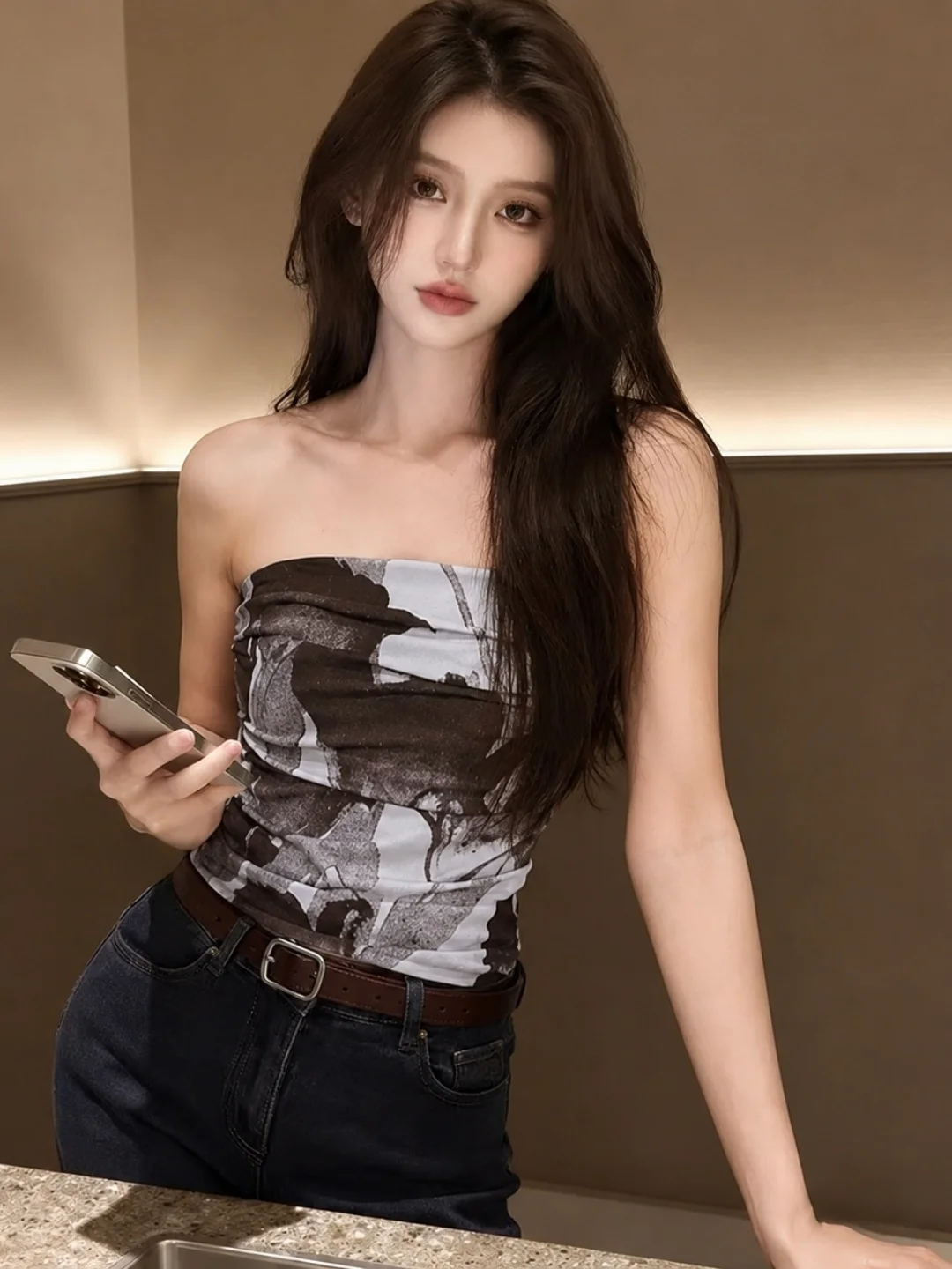 

Elegant Printed Crop Top Women's Fashion Summer Trend Slimming Sexy Strapless Vest Pure Desire Style Casual Breathable