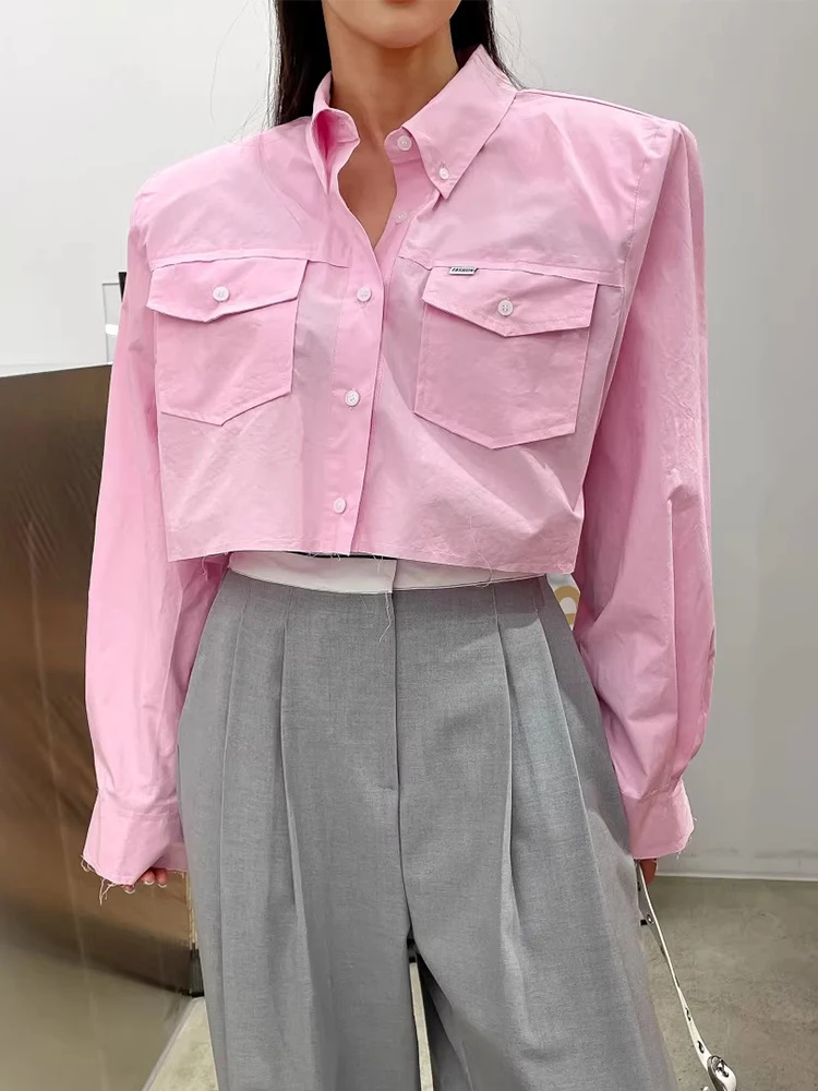 

Chic Spring New Sle Casual Loose ort Cotton irt Women's Turn-down Collar Double ket Frayed Design Versatile Faion