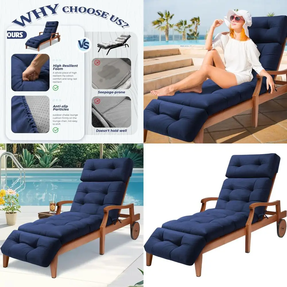 

Outdoor Waterproof Chaise Lounge Cushion with Ties, Thickened Patio Recliner Cushion for Indoor Use, 74.4 x 22 x 4.7, Blue