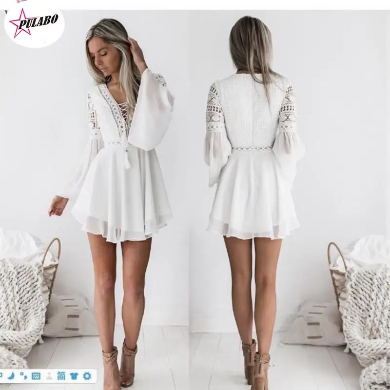 

PULABO Hollow Out White Dress Sexy Women Mini Chiffon Dress Criss Cross Semi-sheer Plunge V-Neck Long Sleeve Crochet Lace Dress