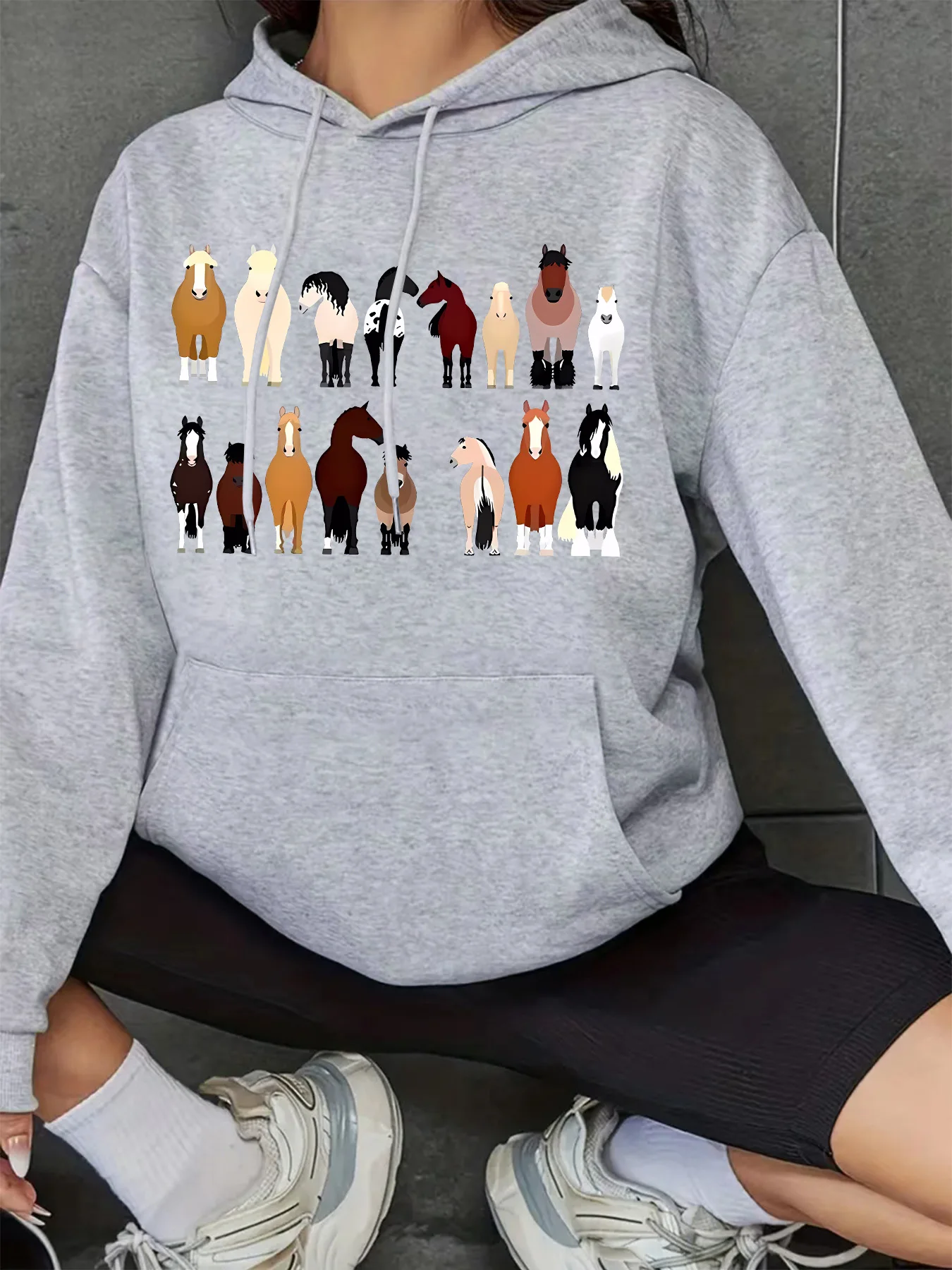 Cartoon Horses Pattern Drawstring Hooded Sweatshirt Long Sleeves Kangaroo Pocket Casual Hoodie Comfortable Women\'s Activewear