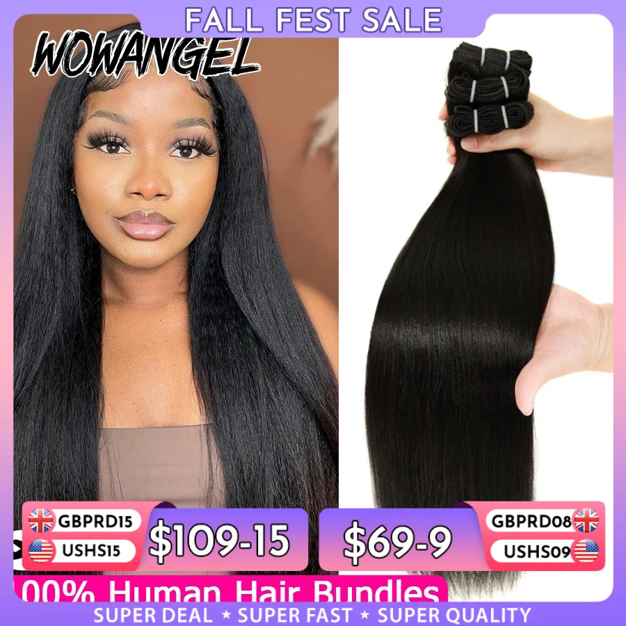 WOWANGEL Light Yaki Straight Human Hair Bundles Bouncy Fluffy Kinky Straight Virgin Hair Extensions Natural Black Double Weft