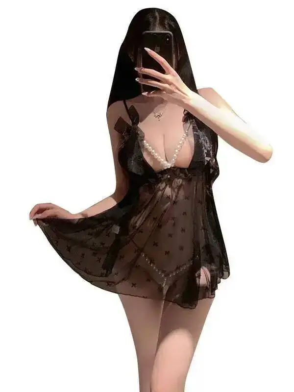 섹시하고 우아한 하이엔드 펄 메쉬 시스루 유혹적인 캐미솔 로브 V넥 스윗 핫 섹시 여성 미니 드레스 탑 2025 신상 D5U