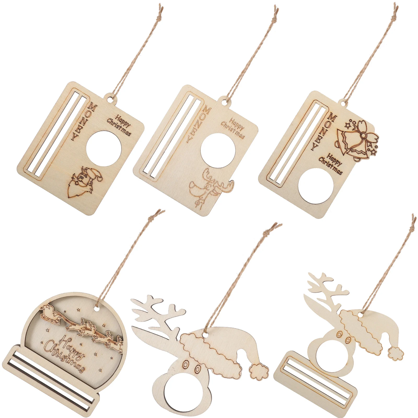 

6Pcs Wood Christmas Unique Money Holder Ornament Cash Gift Decoration Xmas Tree Hanging Decor Wooden Holiday Pendant