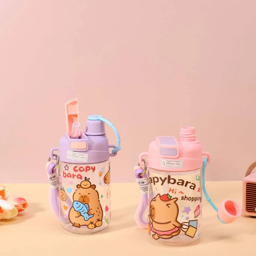 

Large Capacity Capybara Water Bottle TPR PP Straw 600ML Double Drinking Cup Anti-fall Transparent Cartoon Children Cup Kids