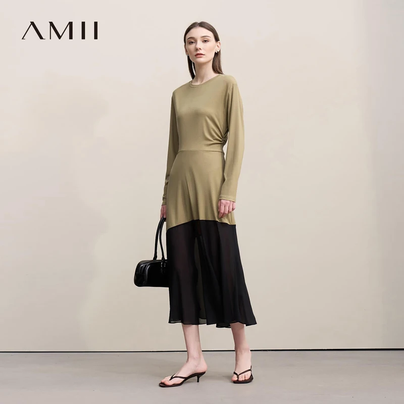 Amii Womens Dresses 2026 Autumn New Elegant Patchwork Chiffon H-Line Loose Dress Women's Casual Pullover Long Skirt 12621063