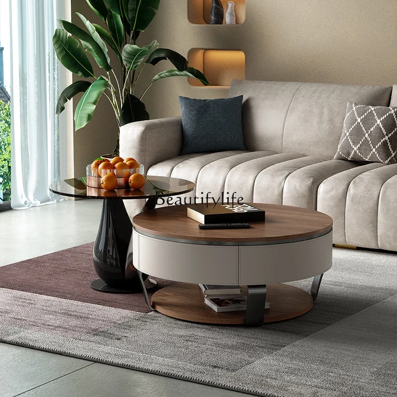 High-end saddle leather coffee table living room home light luxury high-end round coffee table combination