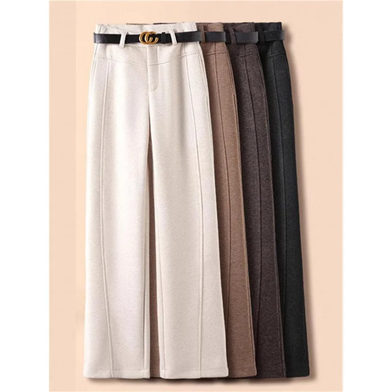Pantalones estrechos color camel para mujer y pantalones casuales drapeados de cintura alta de invierno, pantalones de traje holgados y ajustados