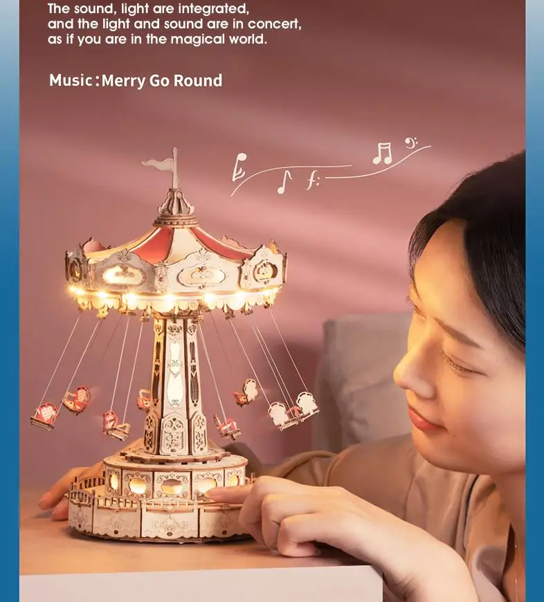 DIY Music Box Kids Adults Gift Easy Assembly Flying Chair Amusement Park Carousel with Music and Light 3D Wood Diy Puzzle