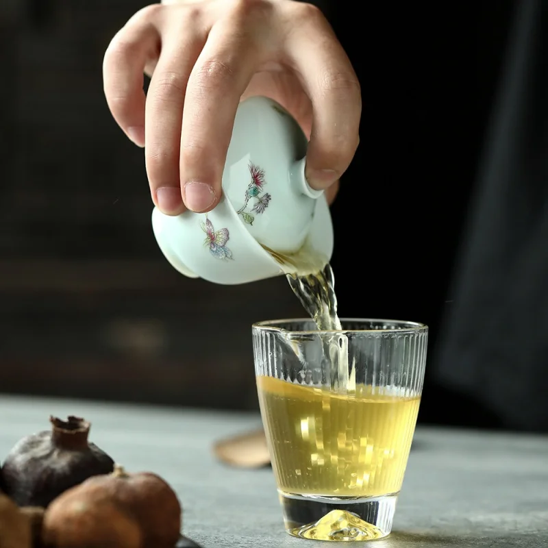 Pastel Butterfly Jingdezhen Green Wood Kiln Point Green Butterfly Pattern Tureen Pastel Handcrafted Egg-Shell Tea Brewing Bowl H