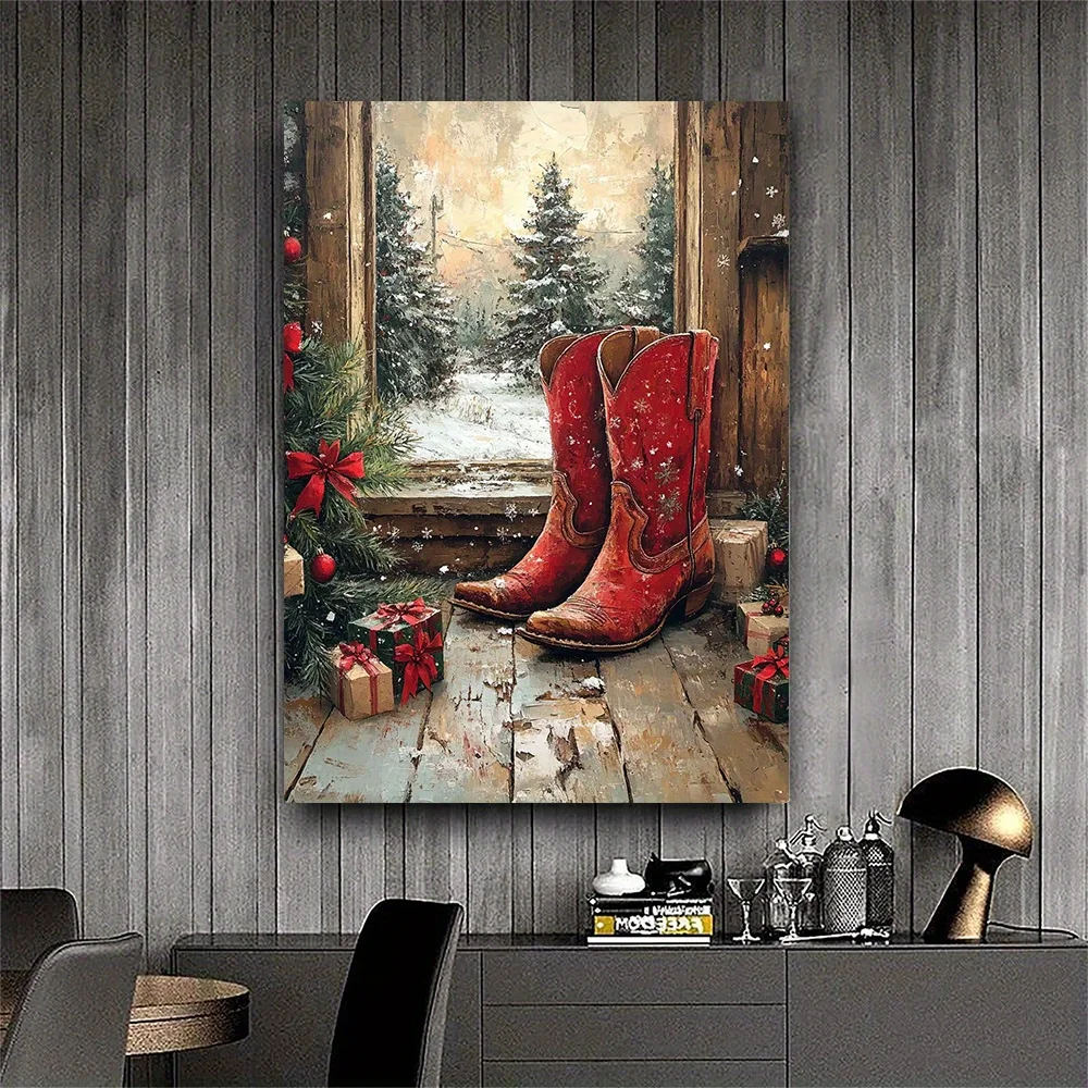 (No frame)1pc, with Frame, 12x16inch [2D Flat] Rustic Christmas Cowboy Boots Canvas Wall Art Western Holiday Decor for Countr