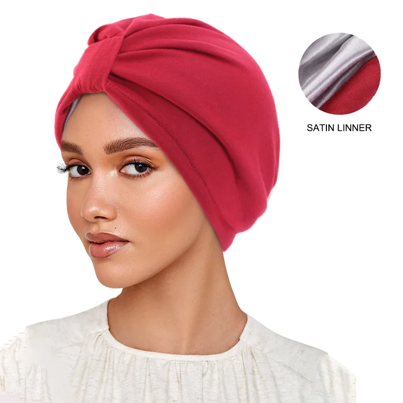 Women Muslim Cotton Turban India Headscarf Satin Lining Beanie Bonnet Hair Loss Chemo Cap Islamic Hat Headwear Stretch Head Wrap