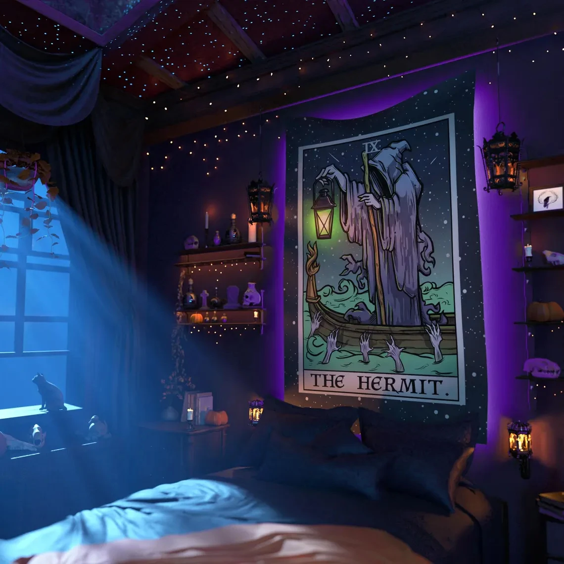 Der Einsiedler Tarot Karte Wandteppich Halloween Wanddekoration Sensenmann Drucke Gothic Wandbehang Hexe Home Decor Gruselige Dekoration