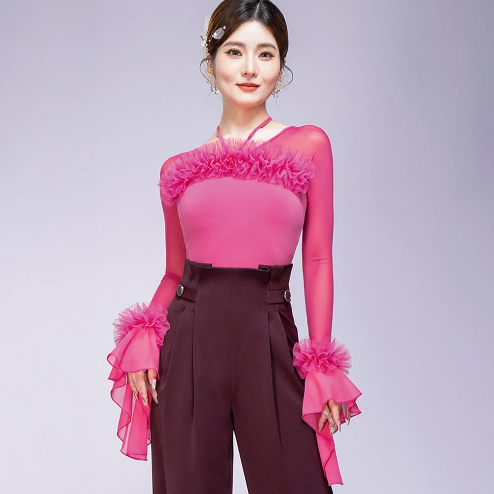 الفالس قاعة الرقص الأعلى الزنجفر الأحمر المرأة الجديدة الرقص بذلة طويلة الأكمام الليتشي مسحوق أسود قاعة الرقص ضيق مشد الخامس الرقبة #2