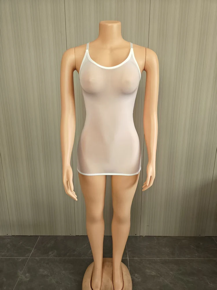 2026 Sommer Damen Sexy Transparentes Mesh-Minikleid mit Spaghettiträgern, V-Ausschnitt, Durchsichtig, Figurbetont, Hochelastisch, für Mitternachtspartys und Clubwear – Detail 9