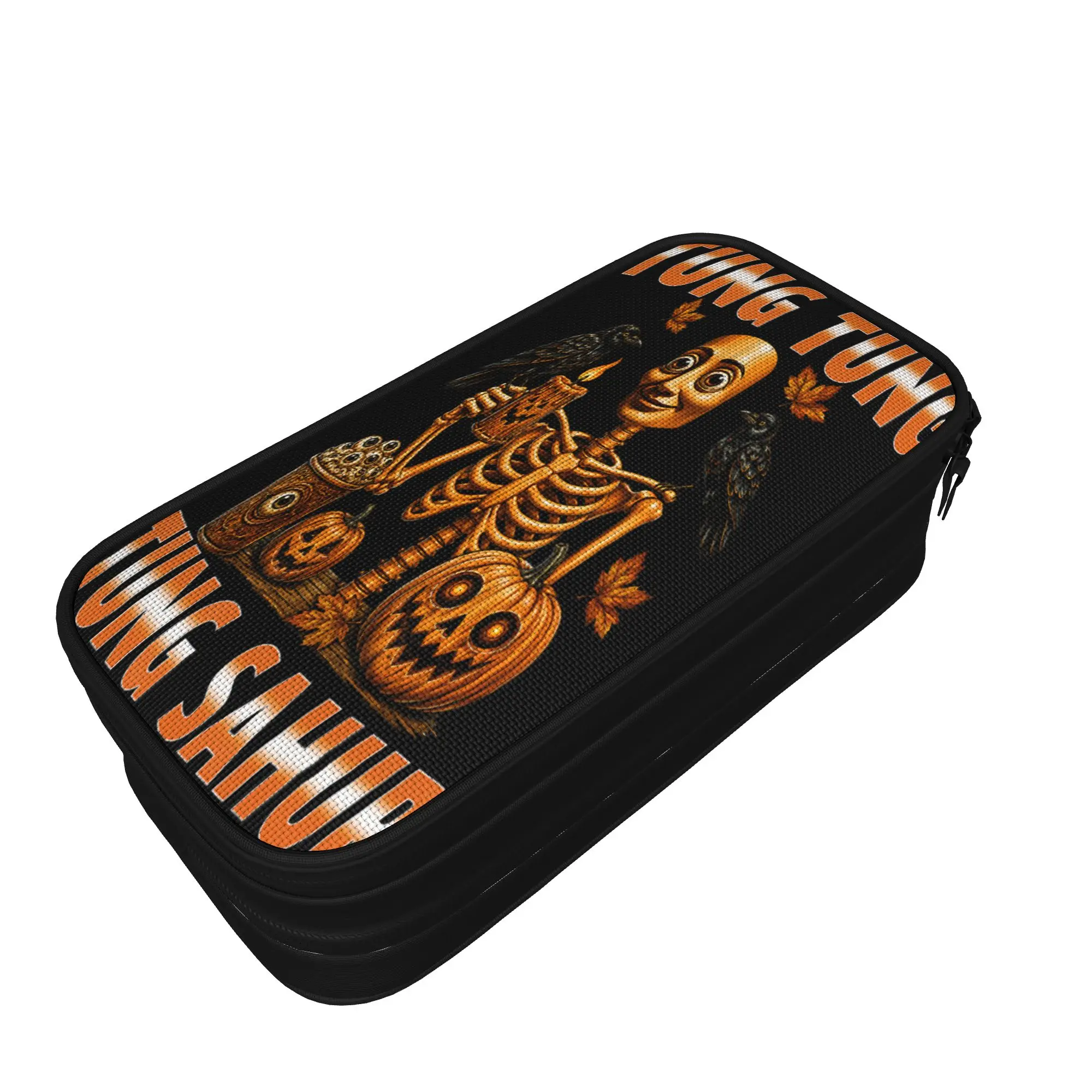 Vintage Halloween Skeleton Tung Tung Sahur Pumpkin Pencil Case  School Pencil Cases Double Layer Students University Pencil Bag