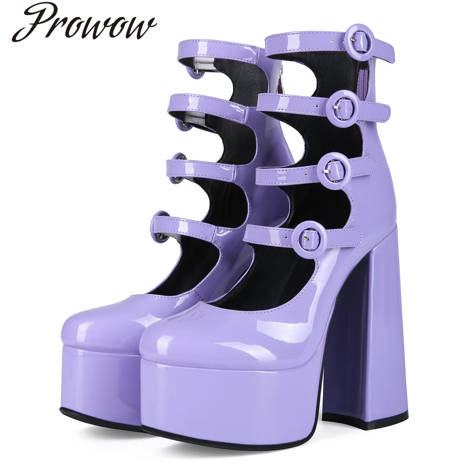 

Lolita cute purple leather buckle Y2K hottie thick high heel plus size 44 women's cool boots shoes