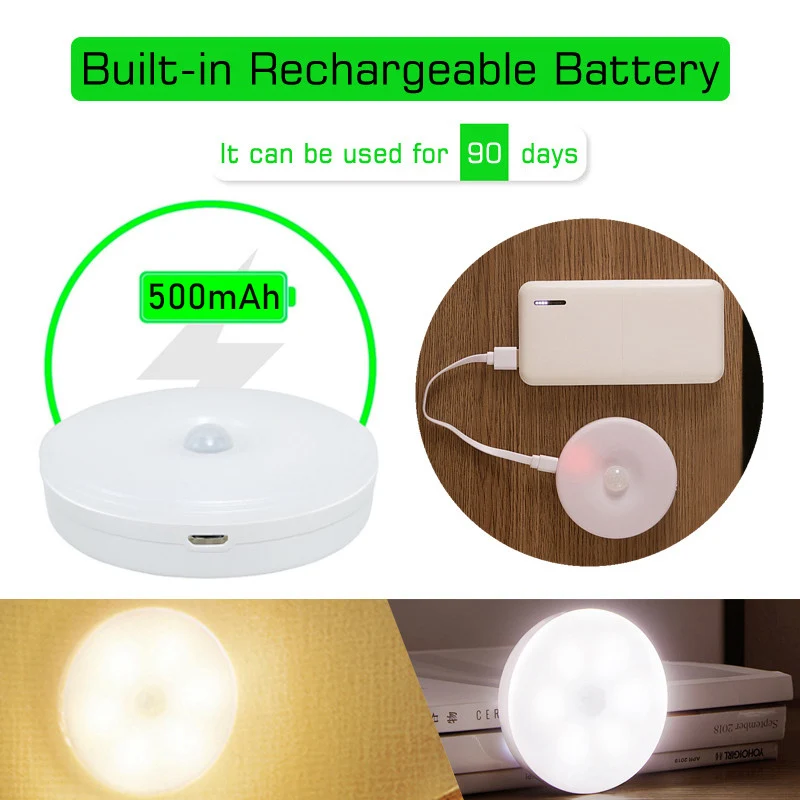 Motion Sensor LED Night Light Button Control Induction Nightlight USB Rechargeable Lamp Dimmable Light for Stairs Cabinet Closet