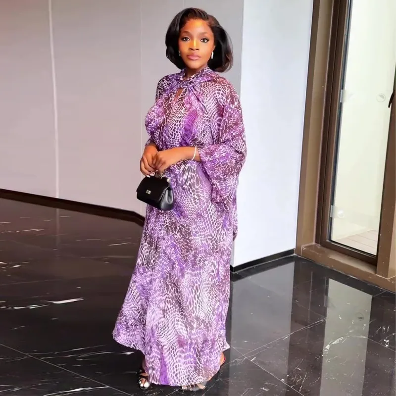 Elegant 2026 Summer Plus Size African Women Snake Print Maxi Dress Scarf Keyhole Neck Long Sleeve Belted Party Ladies Long Gown