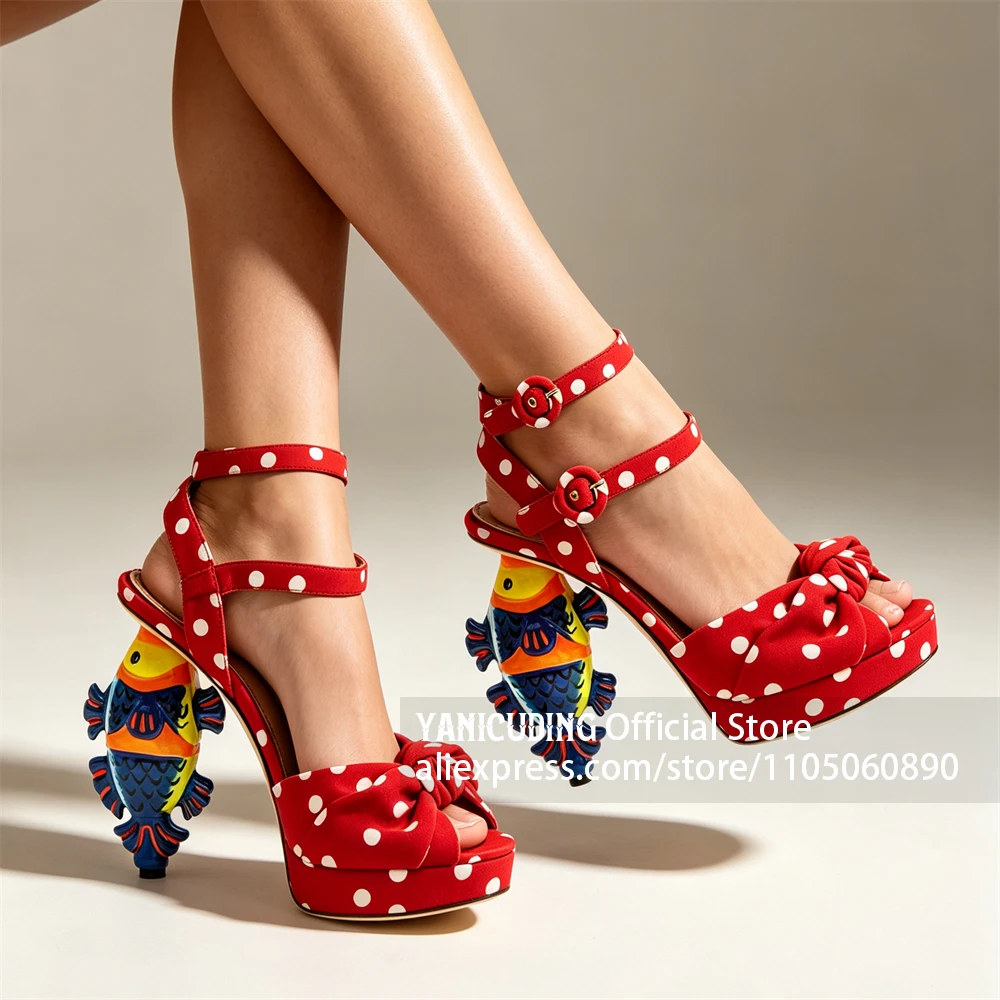 Polka Dot Fish Shaped Heel Platform Sandals Novelty Strange Heel Open Toe Summer Shoes Ankle Strap Sculptural Heel Dress Sandals