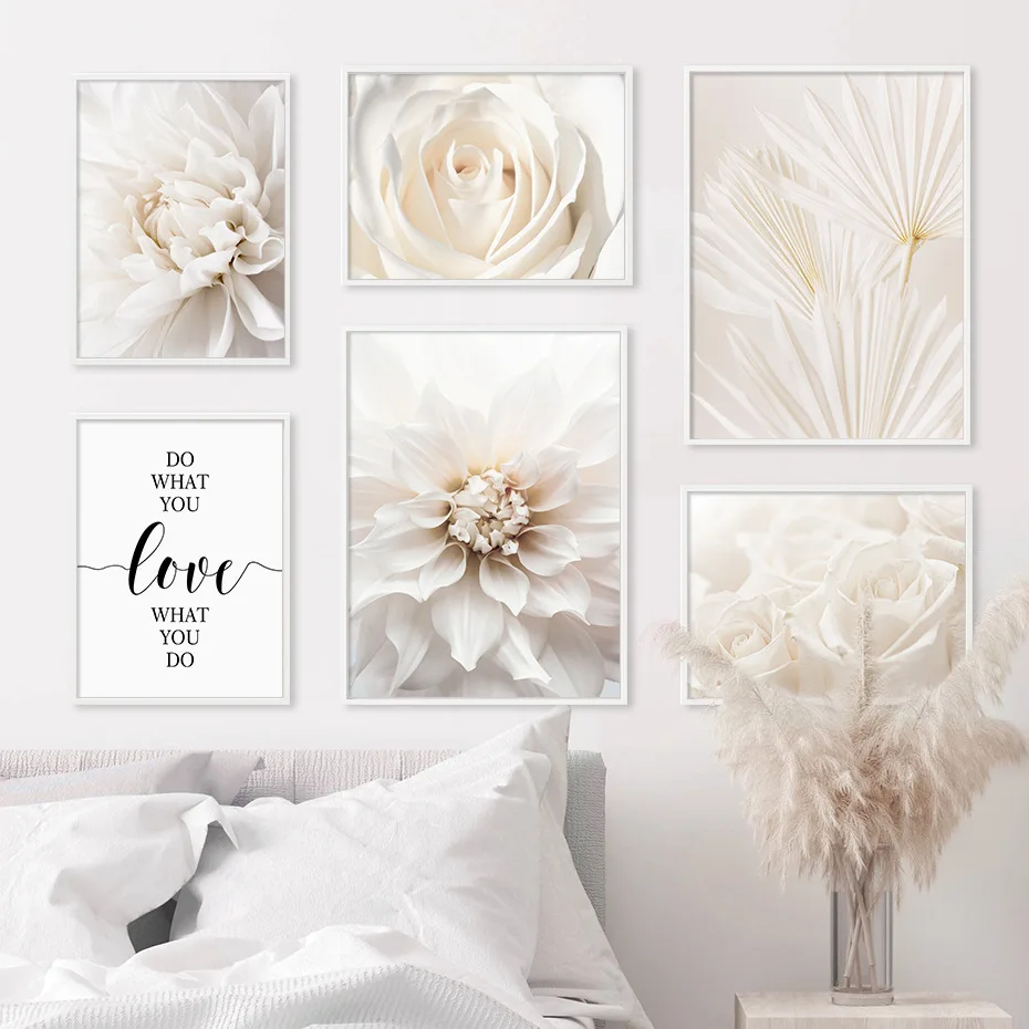 Foreign trade romantic white flowers rose palm leaf lovers poster painting core living room decoration hanging picture