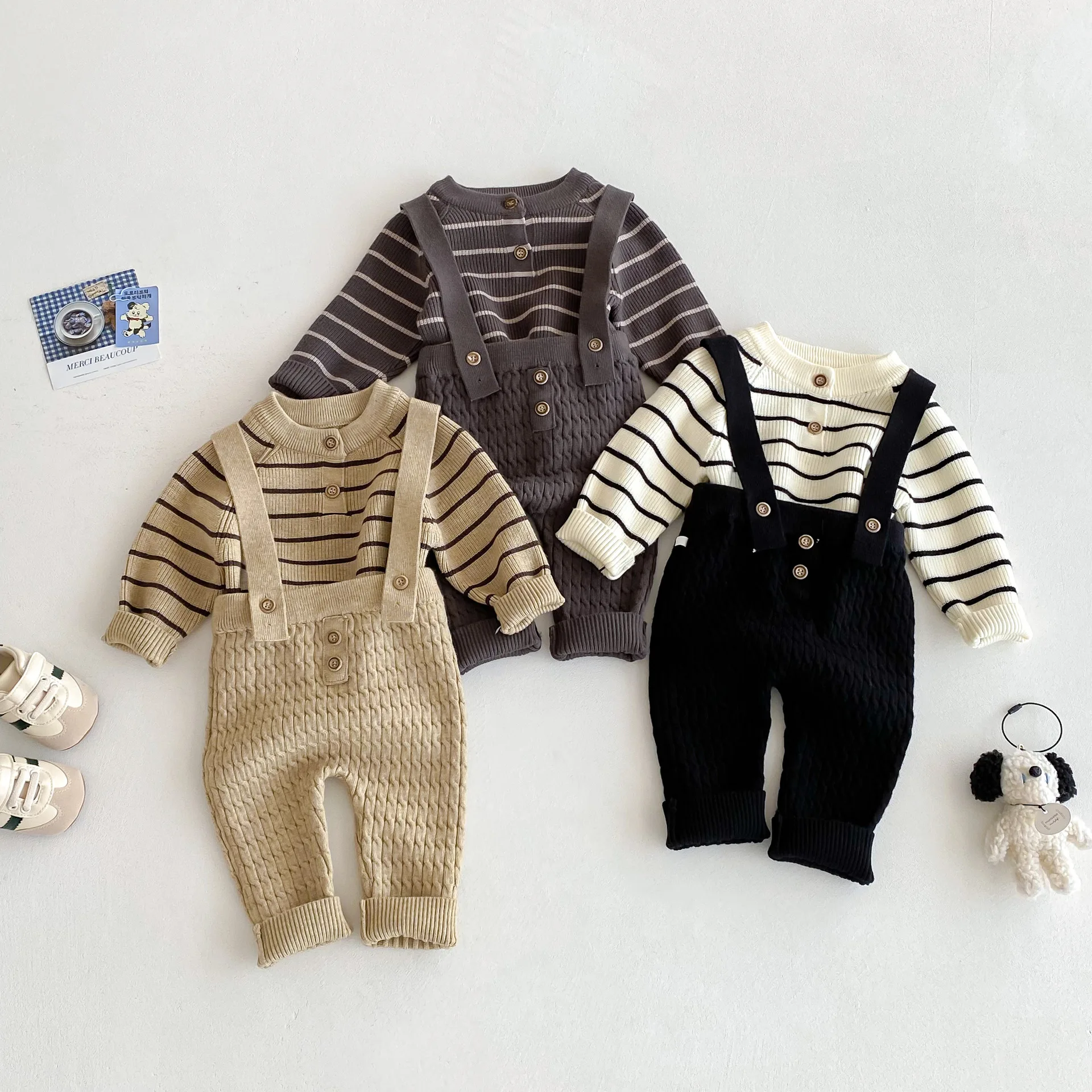 

2025 Autumn New Baby Long Sleeve Knit Clothes Set Infant Boy Girl Striped Sweater + Overalls 2pcs Suit Fashion Toddler Outfits