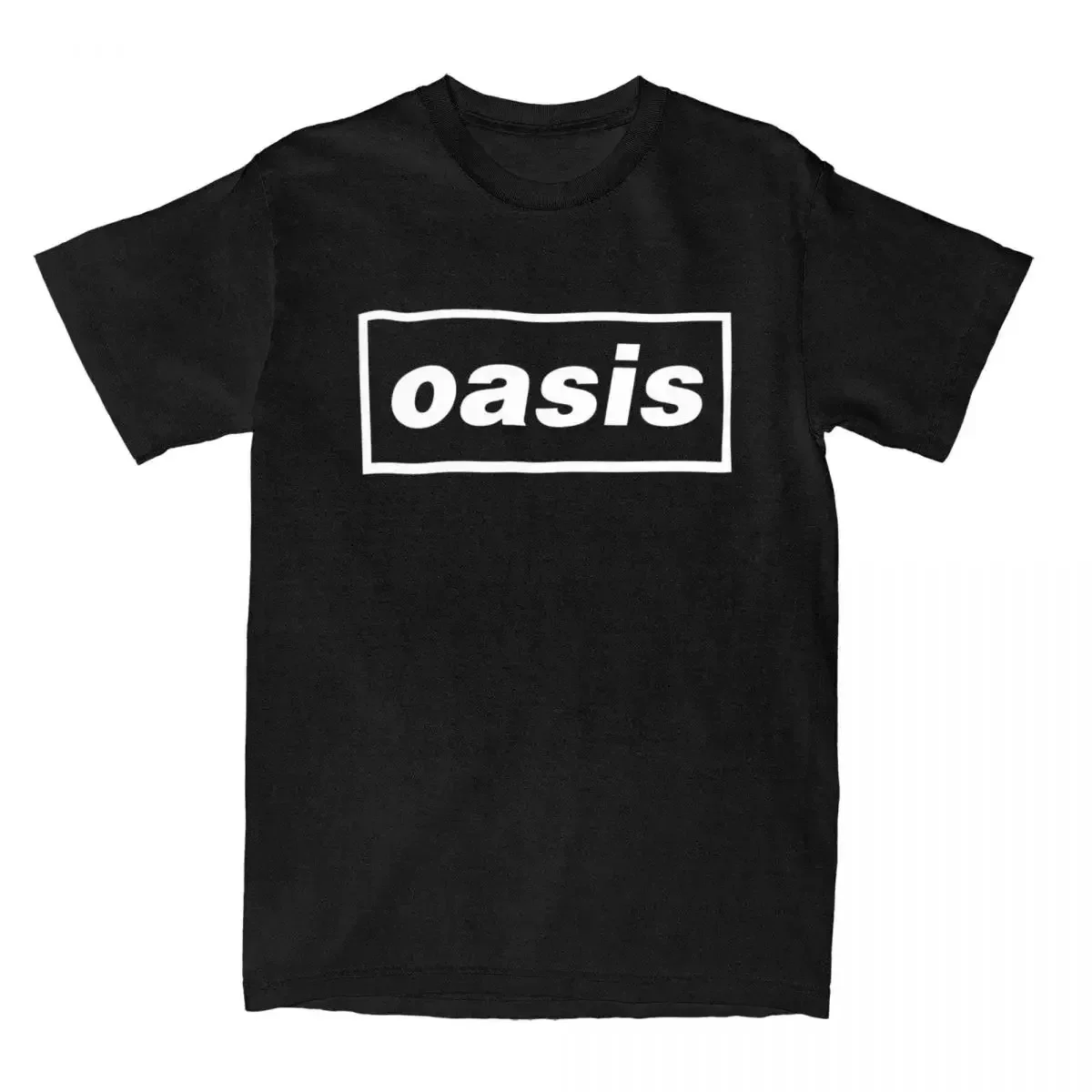 2026 Oasis Band Box Logo Print T-Shirt Unisex Black Short Sleeve Tee Classic White Rectangle Oasis Text Front Print Rock Music