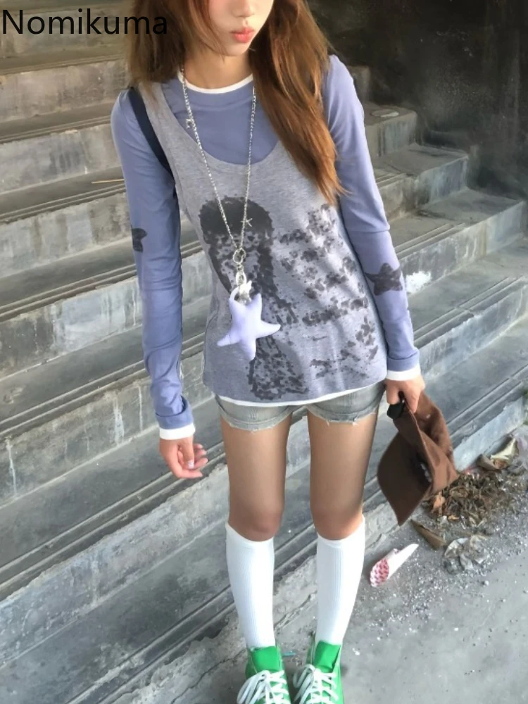 

Fake Two Tshirts for Women Fashion Tees O-neck Long Sleeve Casual Tees 2025 Ropa Mujer Print Slim Fit Korean T-shirts Y2k Tops