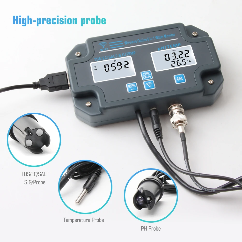 WiFi bezprzewodowy miernik PH inteligentna kontrola aplikacji Tester jakości wody akwarium PH/TDS/EC/miernik zasolenia/temp do akwarium basen