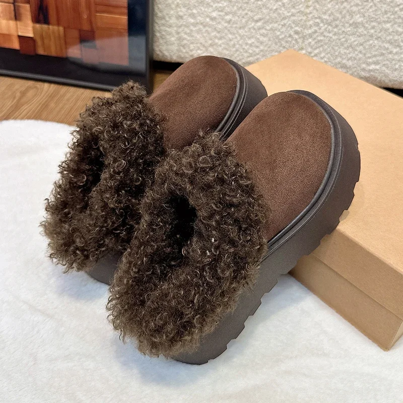 Women Winter Chunky Platform Slippers Extra Curly Trim Booties Faux Suede House Shoes Height Increasing Mules