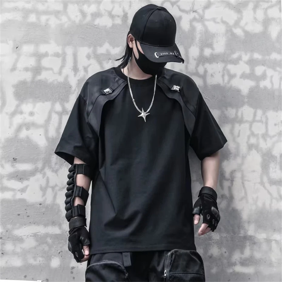 Hip Hop Techwear T-Shirt Men 2025 Summer Fake Two Tactical Tshirts Streetwear Harajuku Black Oversized T Shirts Tops Tees