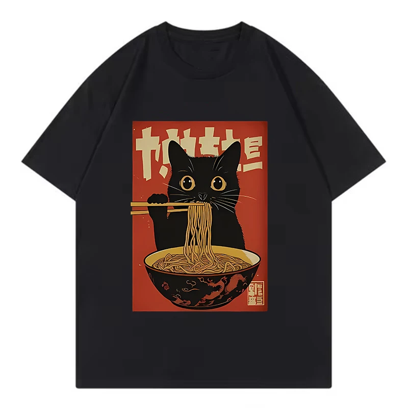 High Quality Japanese Style Cat Eat Ramen Short Sleeved T-shirt Men Women Tee Clothes Loose Casual Cartoon Oversized Top Y2K