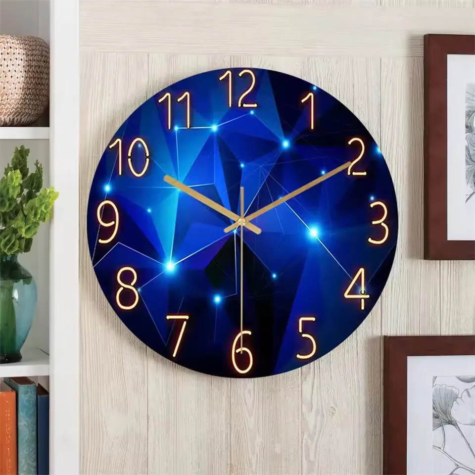 

1pc 12inch Wall Clock Geometric Elements Dark Blue Thickened Tempered Glass Silent Movement Quartz Living Room Home Decor Gift
