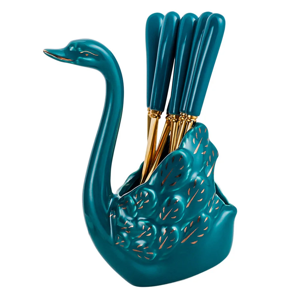 

1Set Stainless Steel Fruit Forks and Elegant Swan Shaped Ceramic Storage Container for Home Coffee Shop
