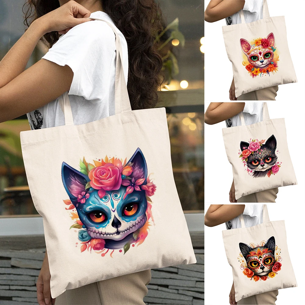 

Fashion Sugar Skull Cat Lady Shopper Bags Double Print Floral Kitty Girl Daily use Shoulder Handbag Feline Women Shopping Bag
