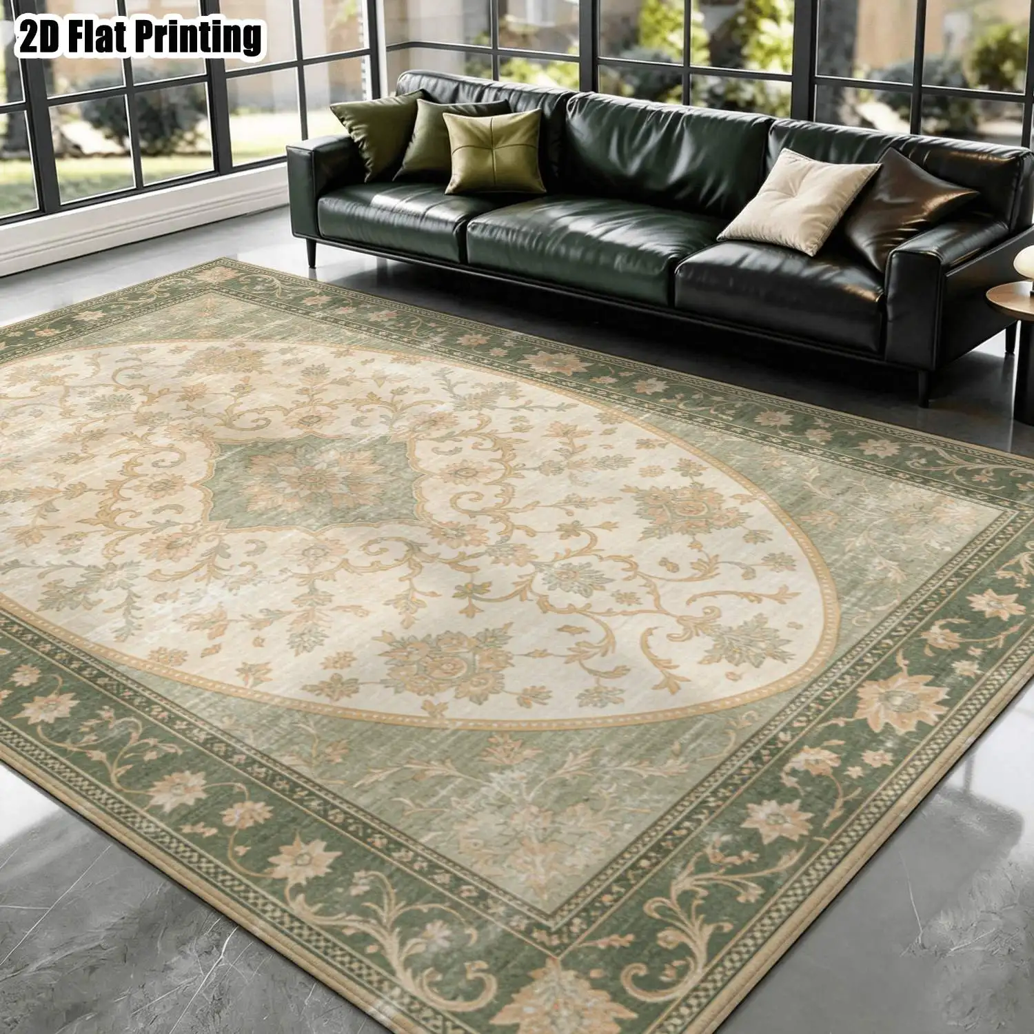 1Pc 2D Printed Carpet: Beige-Green Floral European Vintage Bohemian Geometric Floor Mat, Home Decor, Multi-Size, Machine-Washable, for Entrance, Dining Room, Foyer, Bedroom, Living Room