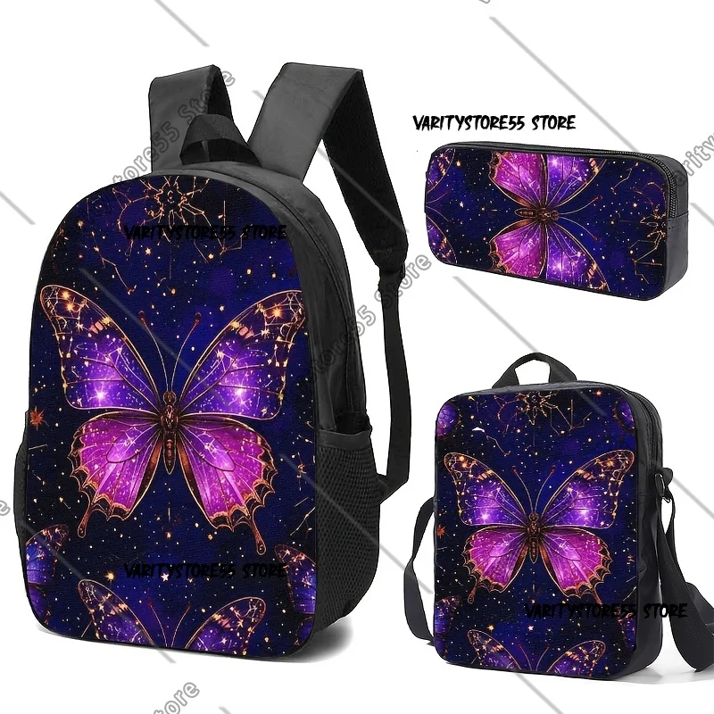 

Рюкзак Purple Galaxy Butterfly для школьников, для мальчиков и девочек, сумка для книг, школьная сумка, сумка для ноутбука, сумка через плечо, 3 предмета: термосумка для обедов, пенал