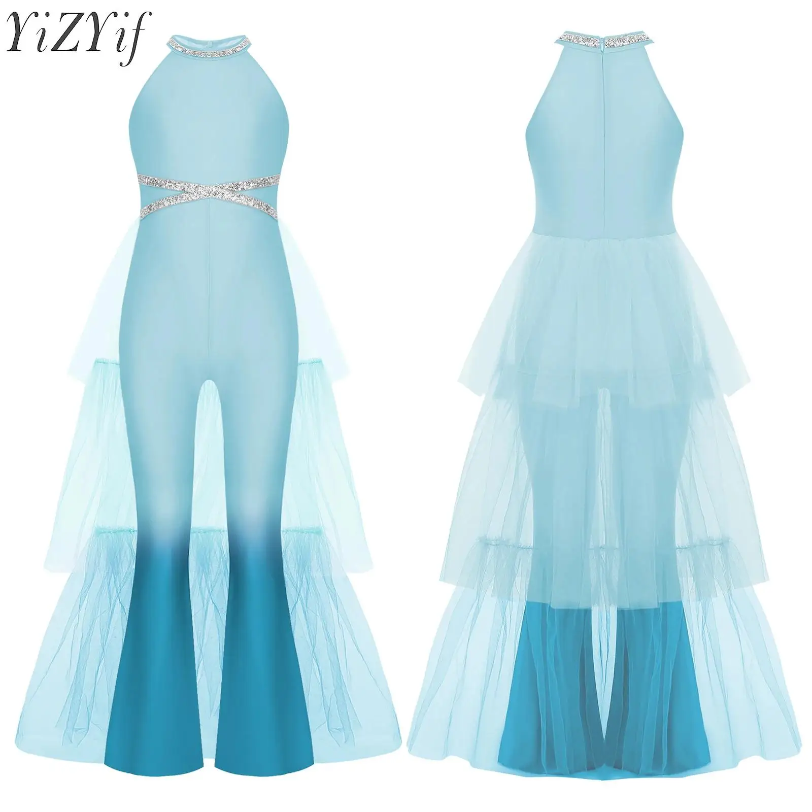 

Kids Flower Girls Jumpsuit Long Pants Bodysuit Diamond Belt Decorated Ruffled Tulle High Waist Dress for Birthday Party Banquet