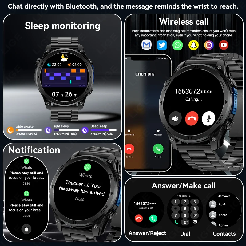 LIGE Military GPS Smart Watch Run Tracker 6 Satellite GPS Position Compass Altimeter Barometric 530mAh Battery IP68 Call Watches