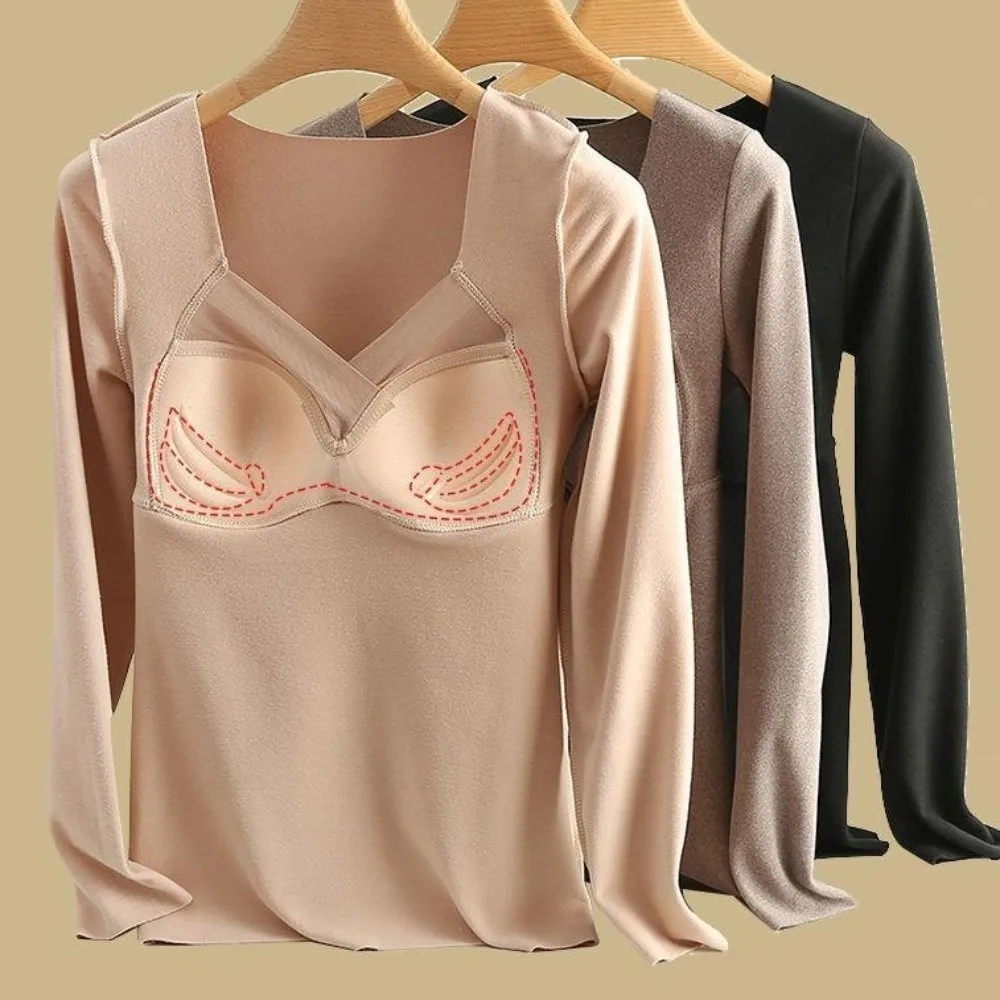 V Mesh Neck Women Thermal Clothes Solid Color Invisible Thermal Underwear Lingerie Velvet Fleece Warmth Long Tops Autumn Winter