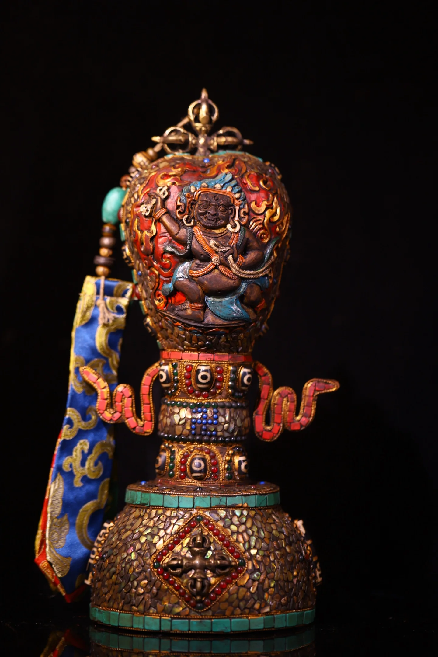 Old Kabala Painted Mosaic Gem gZi Beads Turquoise Gabala Bowl Vajrayana Bodhisattva Buddha Bodhi Root Base Worship Hall