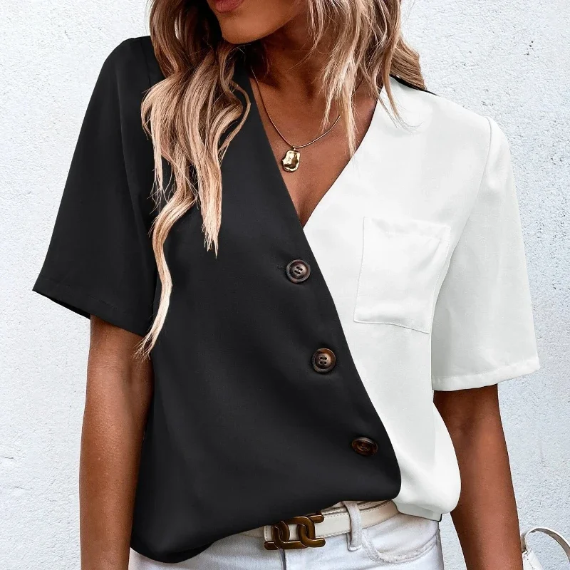 Women's Color block Button Up Shirt Short Sleeve Blouse Top Summer V Neck Casual T-Shirt