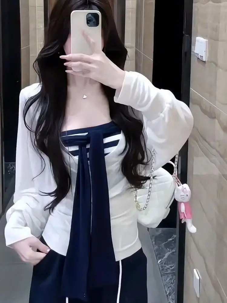Early Autumn Korean Style Striped Tube Top Color Block Set Women's Spring Autumn Cover up Small Size Two Piece Set