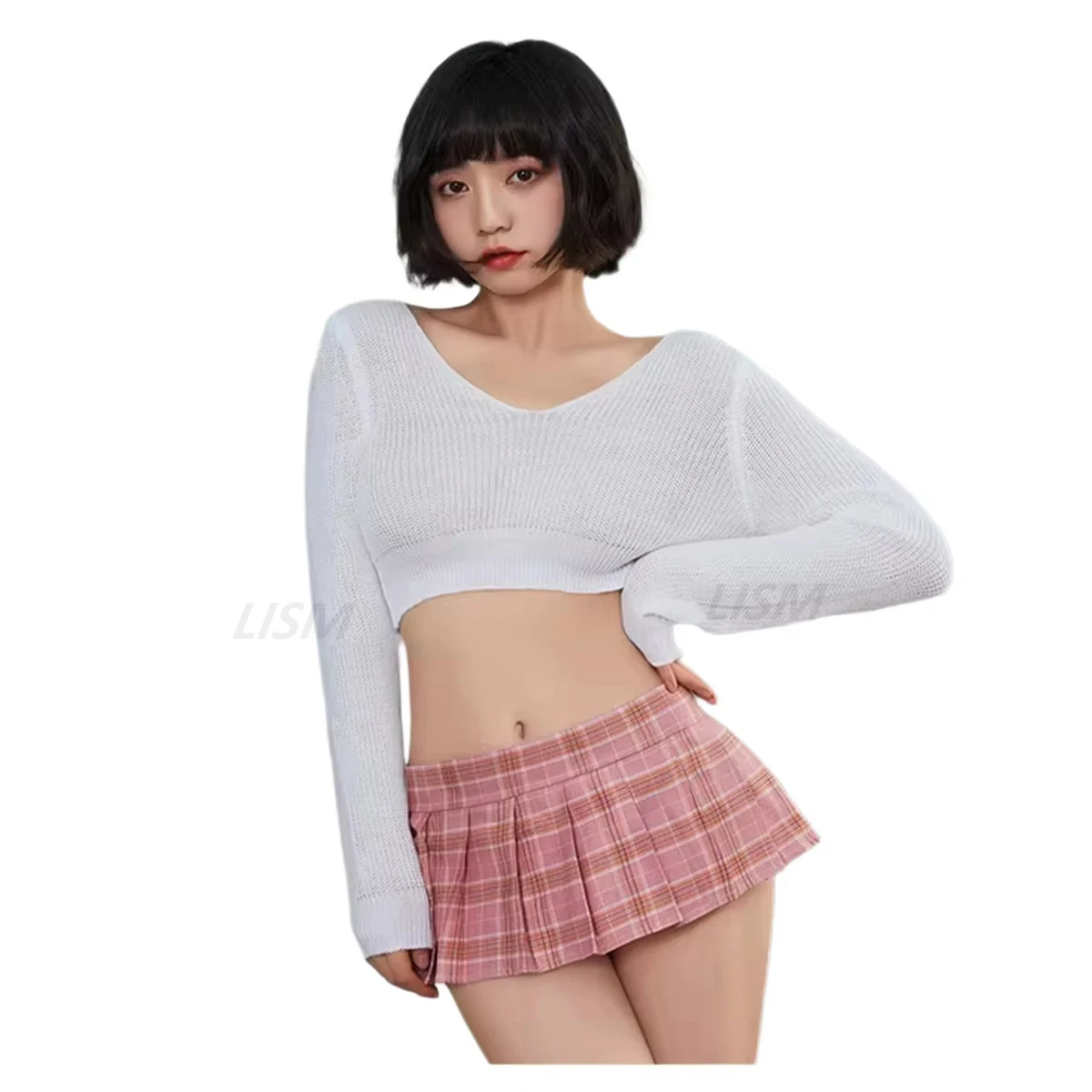 

Сексуальный прозрачный вязаный укороченный топ, комплект нижнего белья, женская розовая плиссированная мини-юбка в клетку + белые чулки до бедра, наряд для ролевых игр, косплей