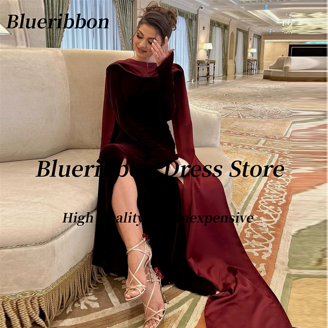 

Blueribbon Burgundy Velour Mermaid Side Slit Evening Dresses Long Sleeves Beading Sexy Backless Prom Party Saudi Arabia Women